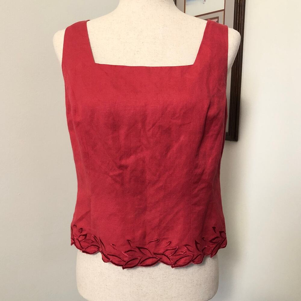 VTG Y2K Adrianna Papell Linen Blend Sleeveless Top Embroidered Square Neck 10 M